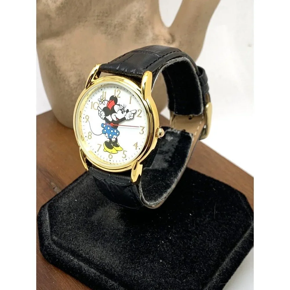 Disney Women's Watch Minnie Mouse WDS000410 Quartz Gold 35mm Black Leather Strap